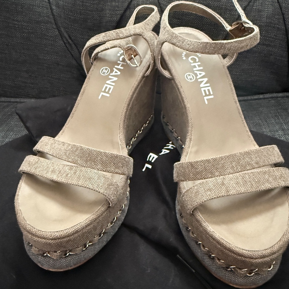 CHANEL Women's Beige Wedge Sandals